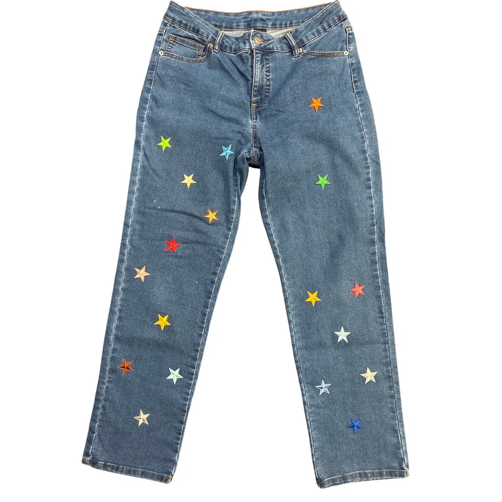 Basic Editions Womens Blue Star Embroidered Straight Leg Jeans Size 10 Medium‎